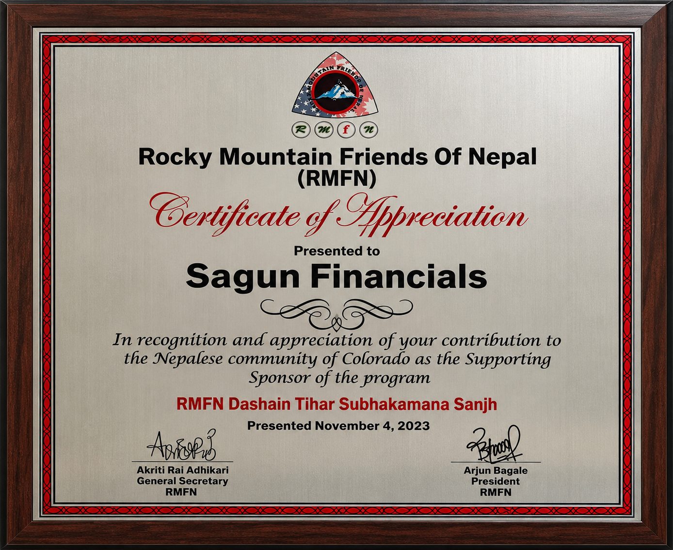 Rocky Mountain Friends of Nepal, Supporting Sponsor, Dashain Tihar Subhakamana Sanjh (Nov 2023)