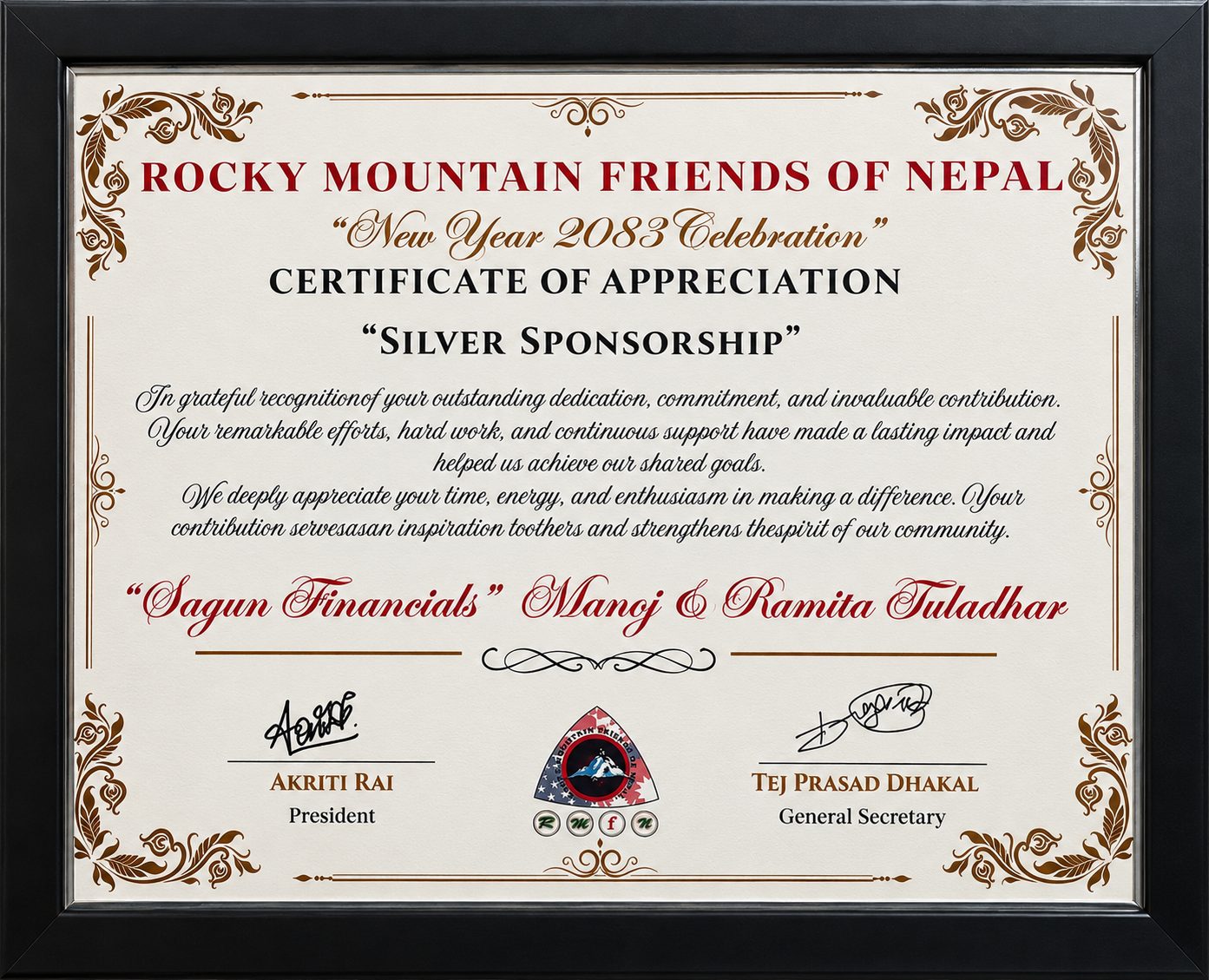 Rocky Mountain Friends of Nepal, Silver Sponsorship, New Year 2083 Celebration