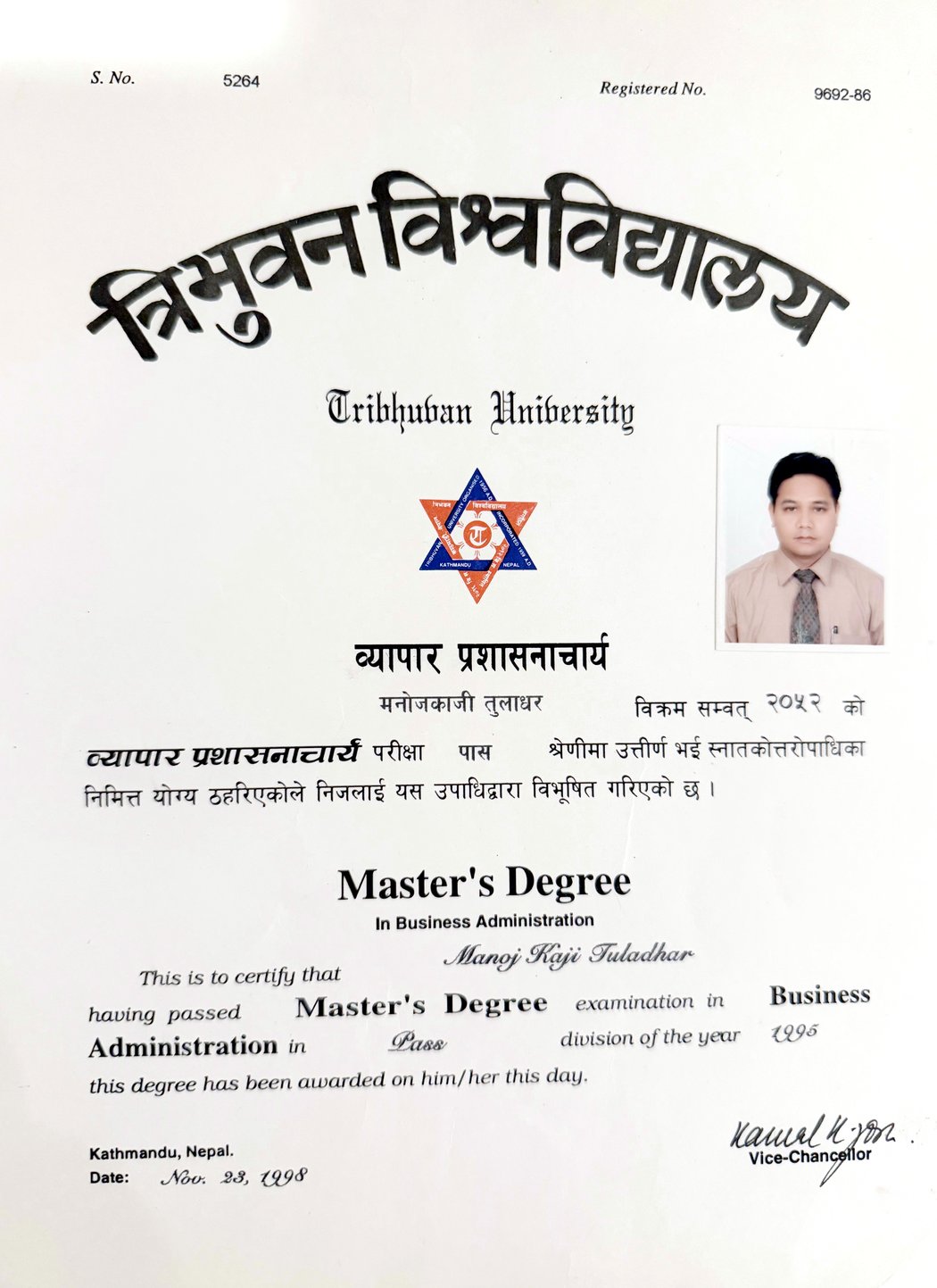 Master's Degree in Business Administration certificate from Tribhuvan University